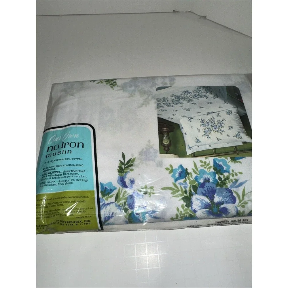 VTG NIP Our Own Twin Flat Sheet Blue Floral No Iron Muslin NOS Retro JC Penny